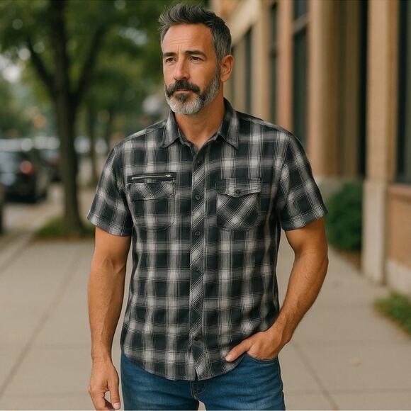 Marc Ecko Deadly Threads Plaid Button-Up Shirt XXL – Black, Grey & Blue - Picture 14 of 14